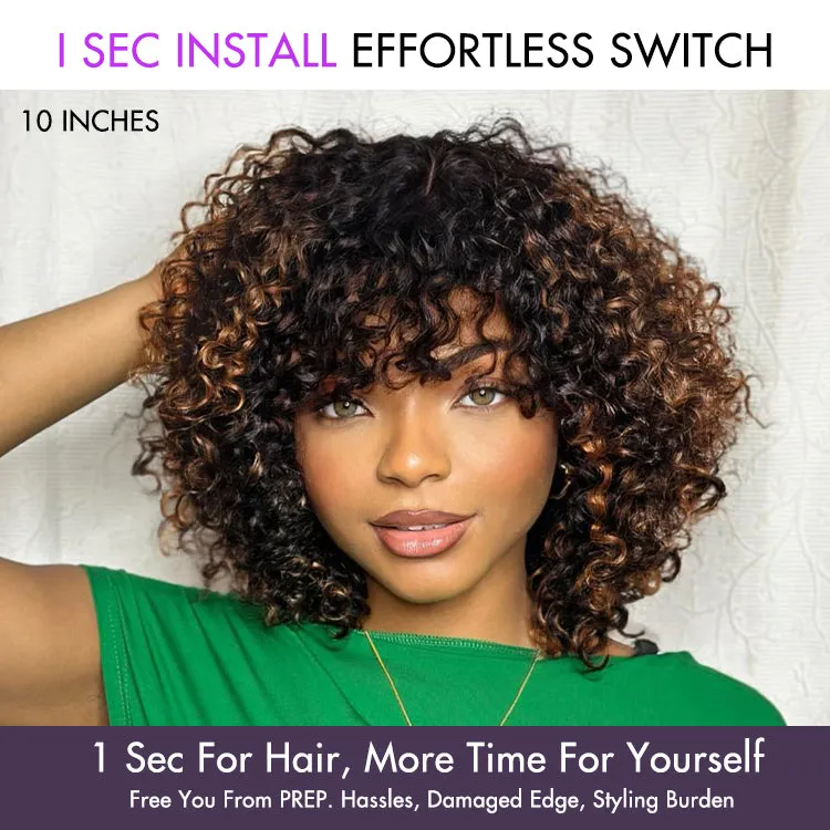 1 SEC INSTALL WIG | Brown Highlight Water Wave Natural Scalp Glueless Minimalist Lace Short Curly Wig with Bangs