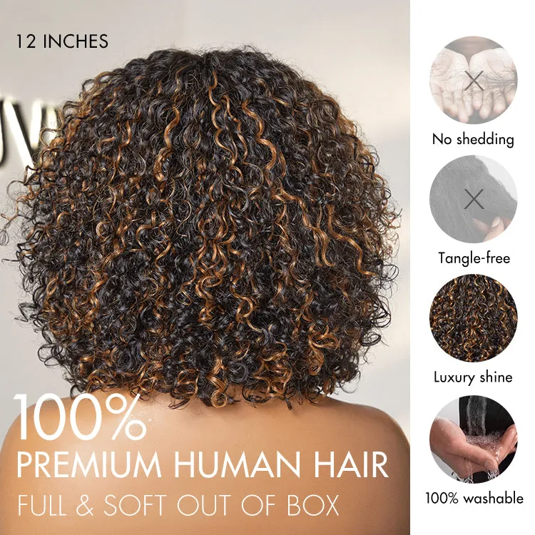 1 SEC INSTALL WIG | Brown Highlight Water Wave Natural Scalp Glueless Minimalist Lace Short Curly Wig with Bangs