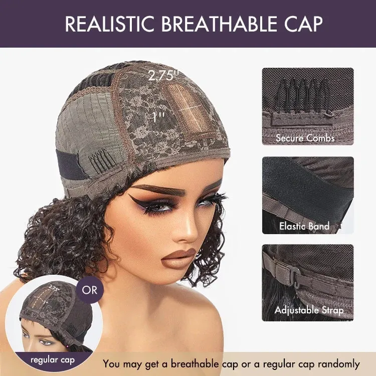 1 SEC INSTALL WIG | Brown Highlight Water Wave Natural Scalp Glueless Minimalist Lace Short Curly Wig with Bangs
