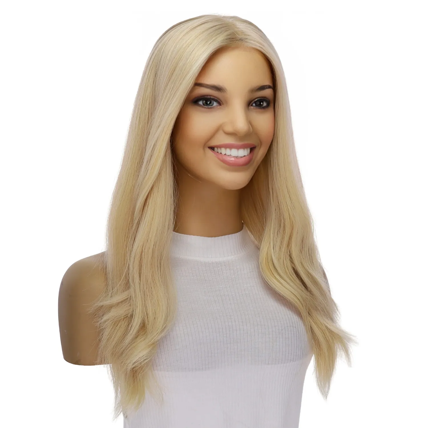 22" Ponytail Silk Part Wig Platinum Blonde w/ No Rooting