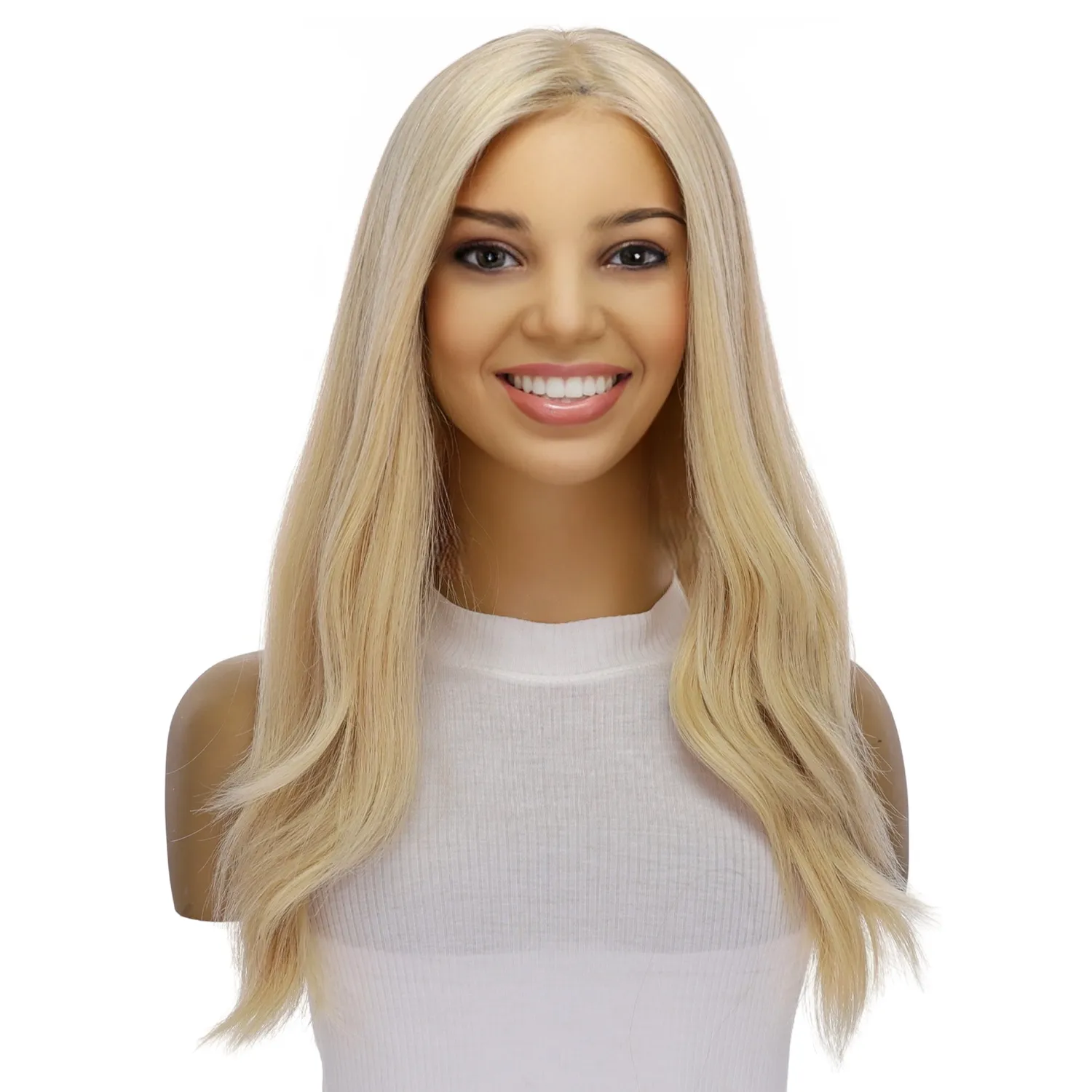 22" Ponytail Silk Part Wig Platinum Blonde w/ No Rooting