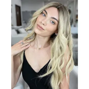 26" Ponytail Silk Top Wig Platinum Blonde w/ Reverse Balayage
