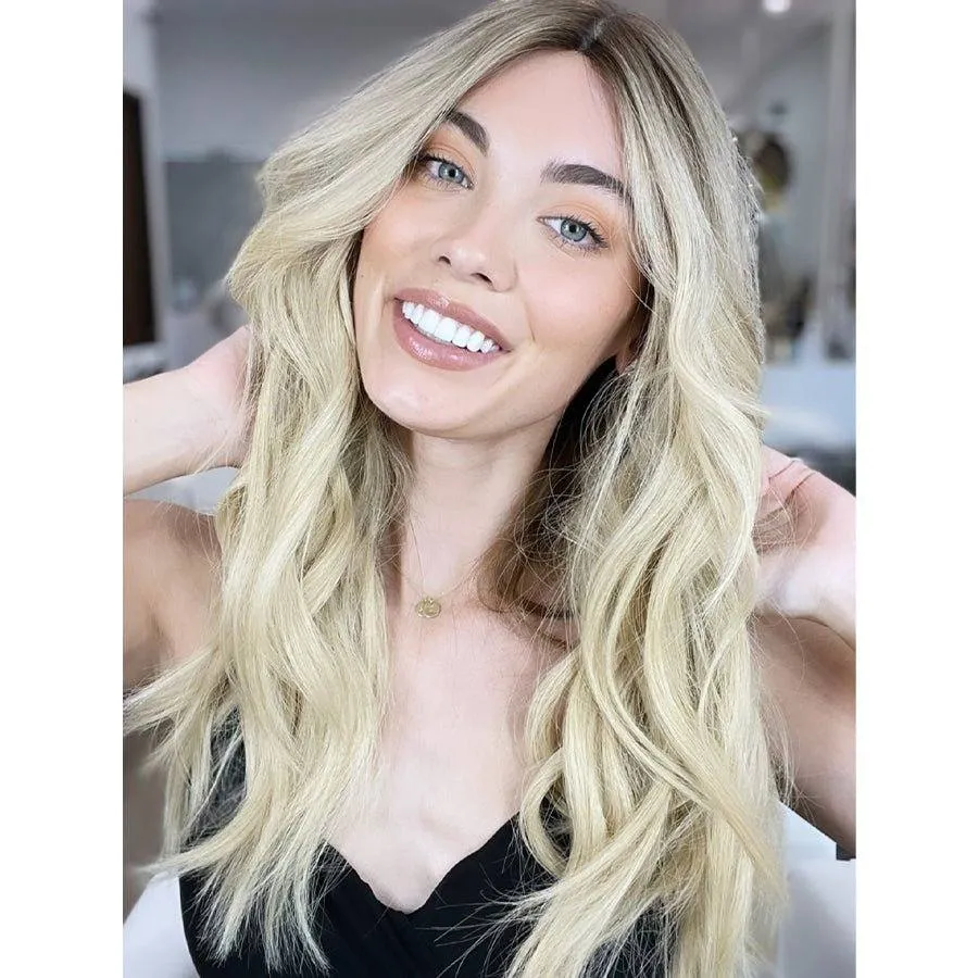 26" Ponytail Silk Top Wig Platinum Blonde w/ Reverse Balayage