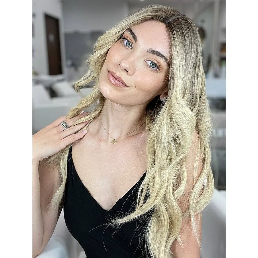 26" Ponytail Silk Top Wig Platinum Blonde w/ Reverse Balayage