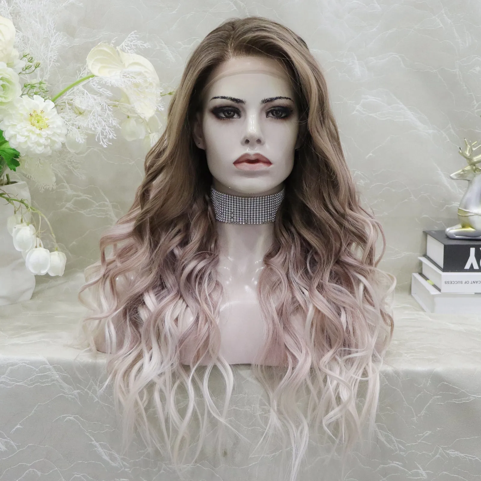Brenda Collection-Amelia glueless Apricot color with wavy style 13*4 free parting with adjustable bands
