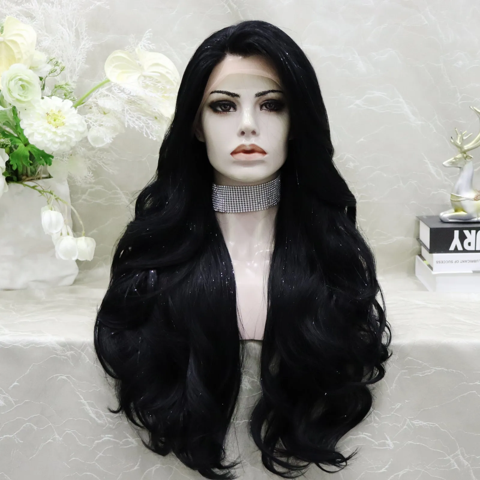 Brenda Collection-Ann-New Tinsel Jet Black layer Cut Butterfly bands lace Front wig 13*2 26inches Party wig