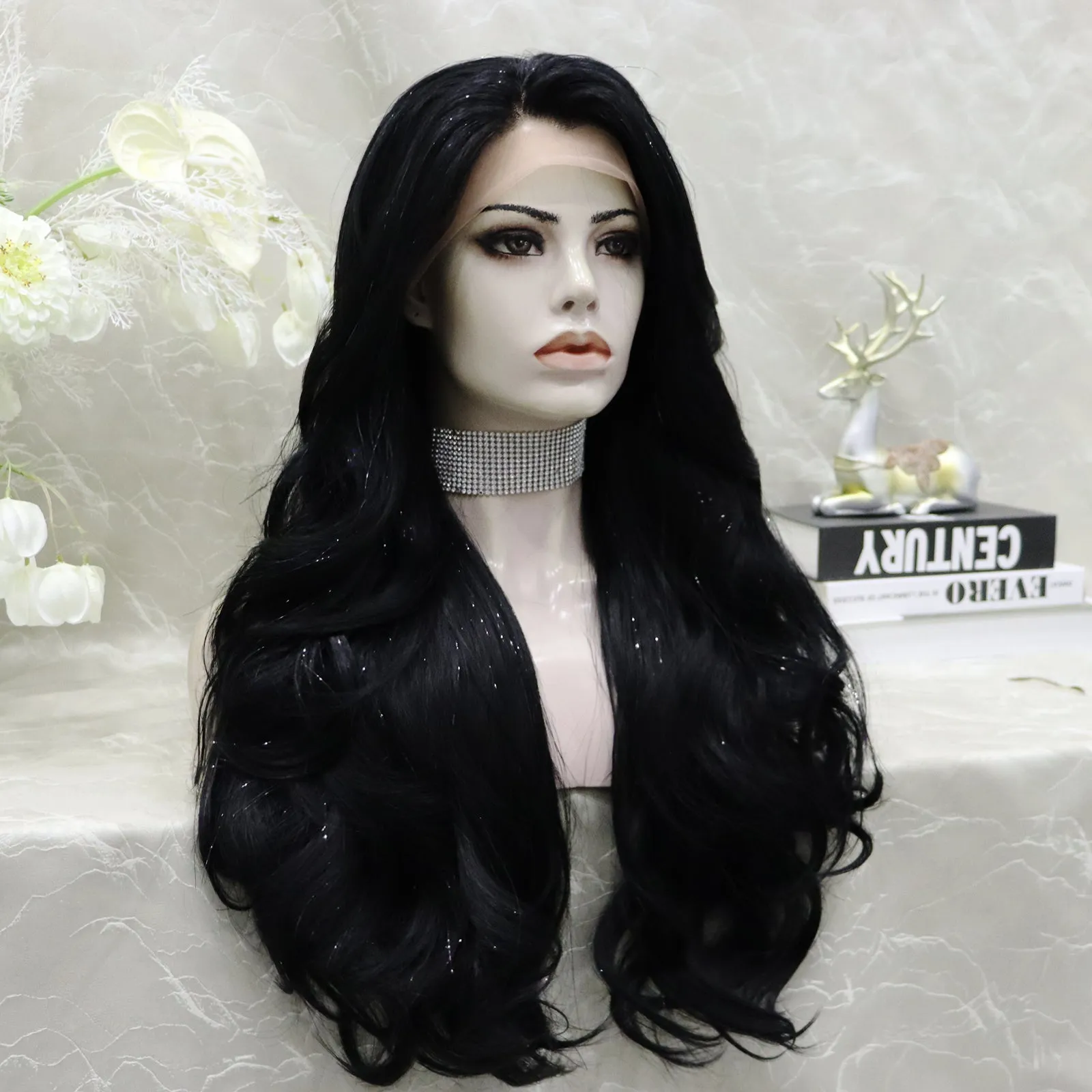 Brenda Collection-Ann-New Tinsel Jet Black layer Cut Butterfly bands lace Front wig 13*2 26inches Party wig