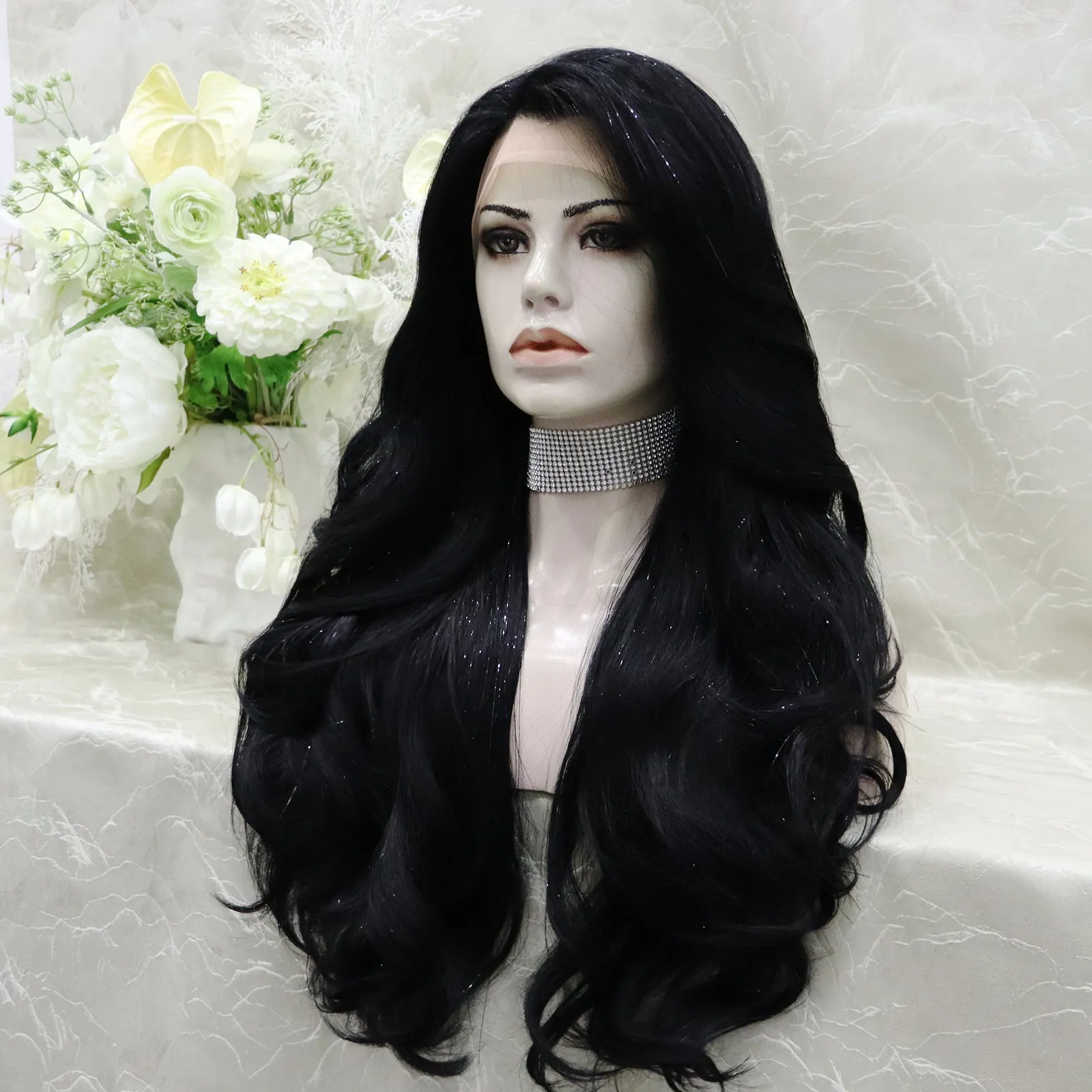 Brenda Collection-Ann-New Tinsel Jet Black layer Cut Butterfly bands lace Front wig 13*2 26inches Party wig