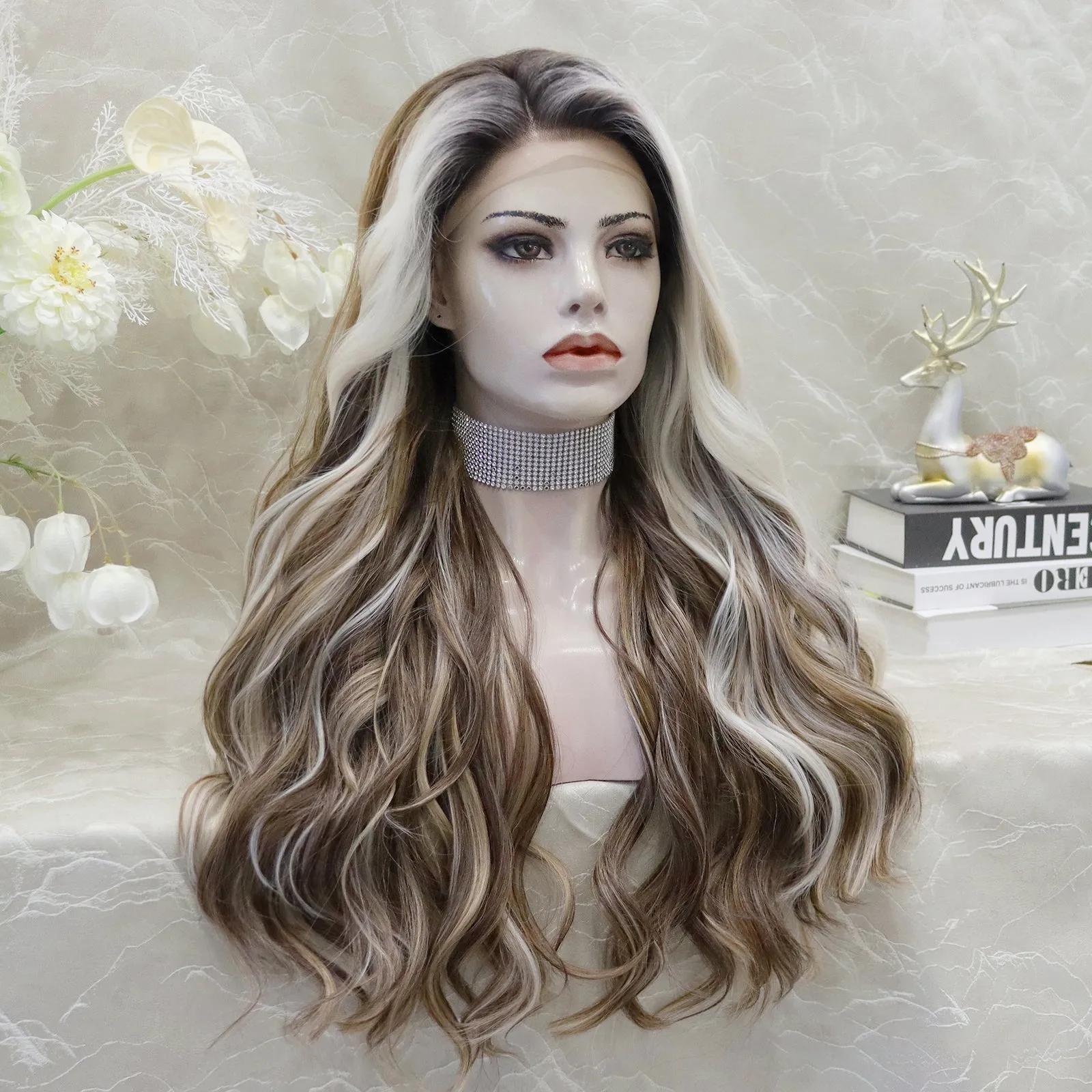 Brenda Collection-Rachel Ombre Brown with Beige Highlight curly Hairstyle Glueless with elastic bands lace Front Synthetic wig Adjustable