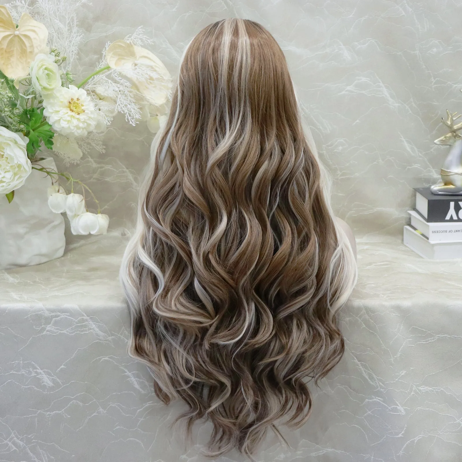 Brenda Collection-Rachel Ombre Brown with Beige Highlight curly Hairstyle Glueless with elastic bands lace Front Synthetic wig Adjustable