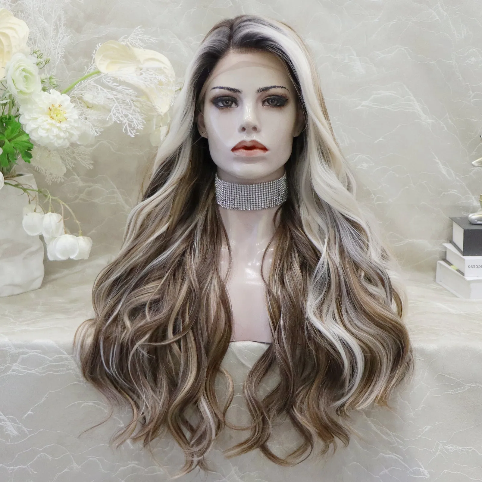 Brenda Collection-Rachel Ombre Brown with Beige Highlight curly Hairstyle Glueless with elastic bands lace Front Synthetic wig Adjustable
