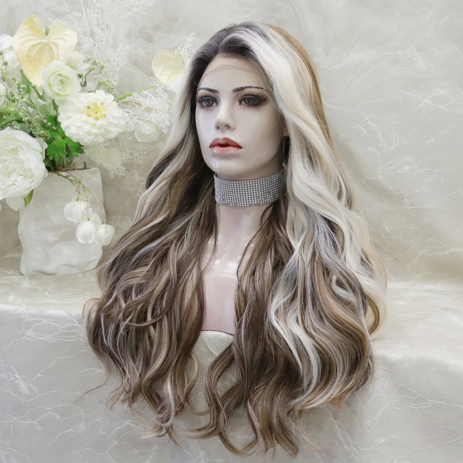 Brenda Collection-Rachel Ombre Brown with Beige Highlight curly Hairstyle Glueless with elastic bands lace Front Synthetic wig Adjustable