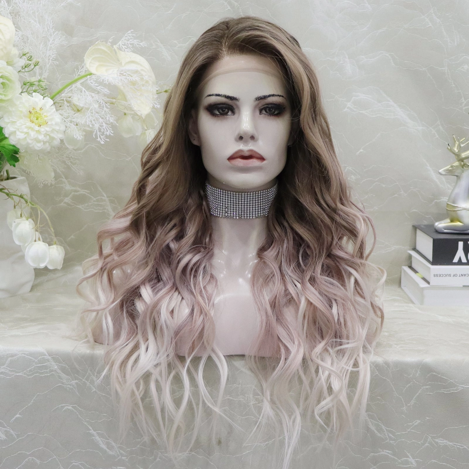 Brenda Collection-Amelia glueless Apricot color with wavy style 13*4 free parting with adjustable bands