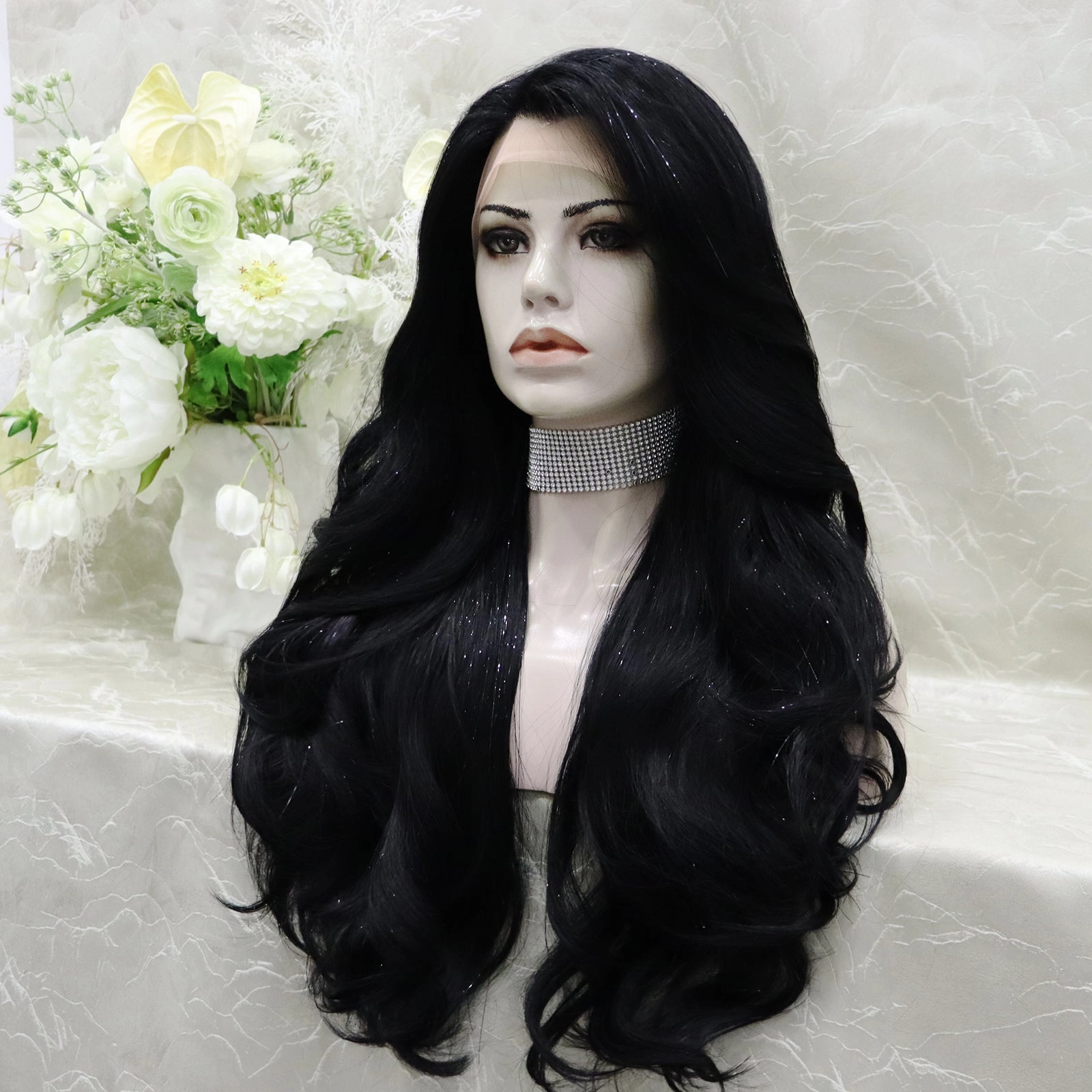 Brenda Collection-Ann-New Tinsel Jet Black layer Cut Butterfly bands lace Front wig 13*2 26inches Party wig