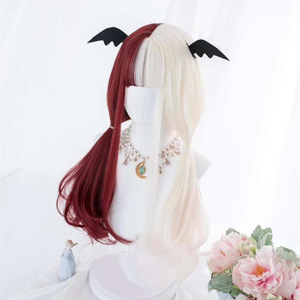 Half Blonde Half Wine Red With Bangs Lolita Hard Front Wig