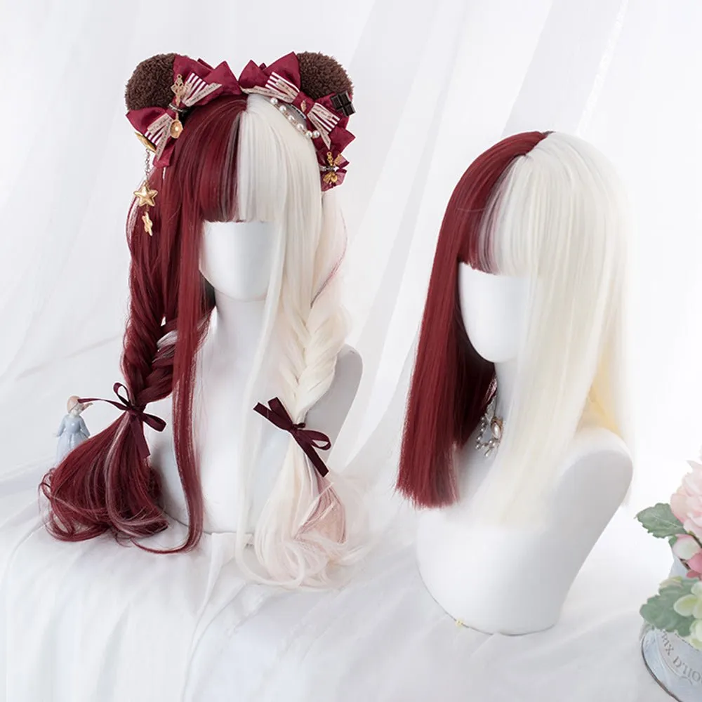 Half Blonde Half Wine Red With Bangs Lolita Hard Front Wig
