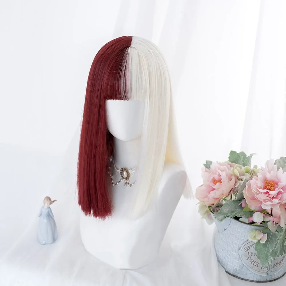 Half Blonde Half Wine Red With Bangs Lolita Hard Front Wig