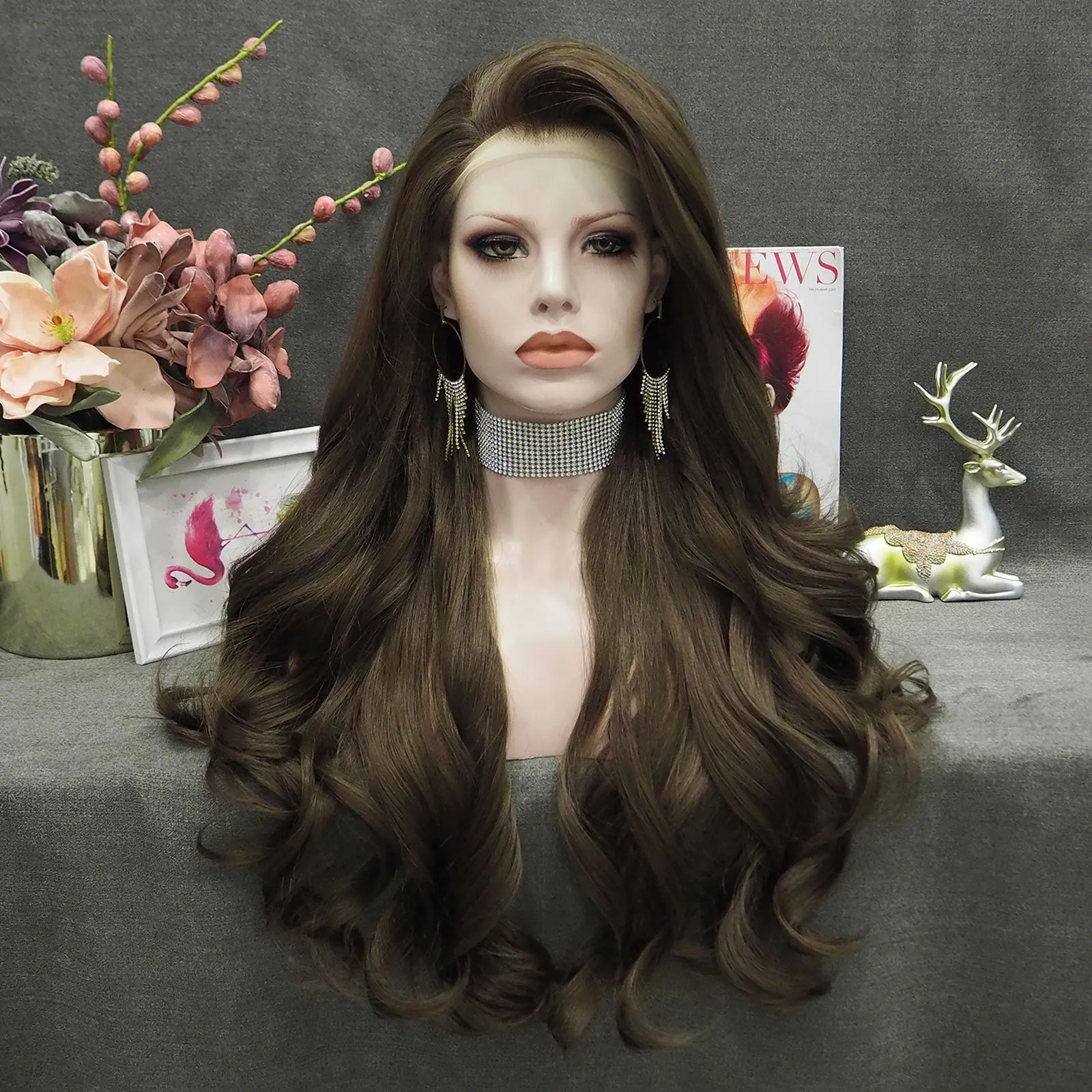 IMSTYLE Bella - Natural Brown Long Wavy Synthetic Lace Front Daily Wig