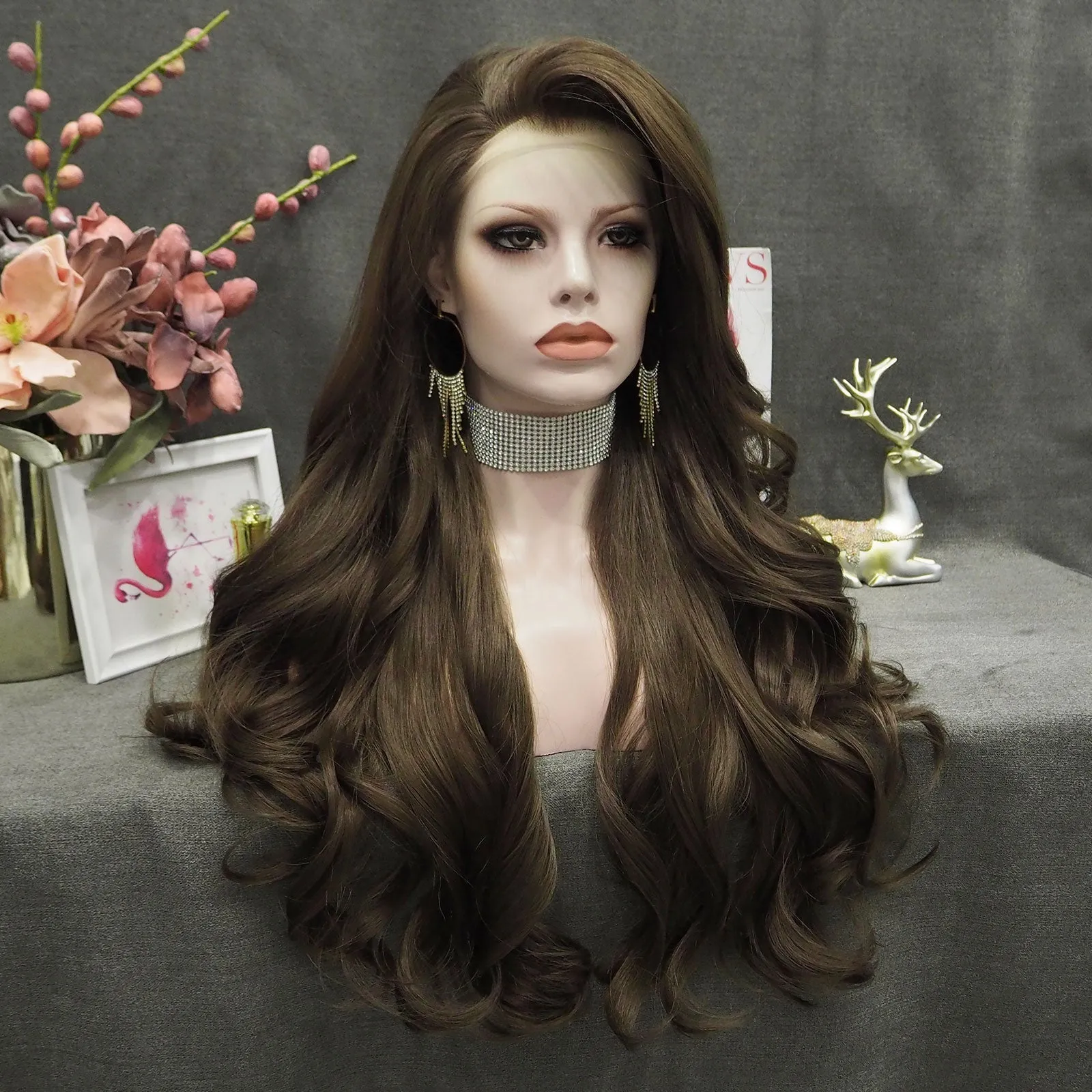 IMSTYLE Bella - Natural Brown Long Wavy Synthetic Lace Front Daily Wig