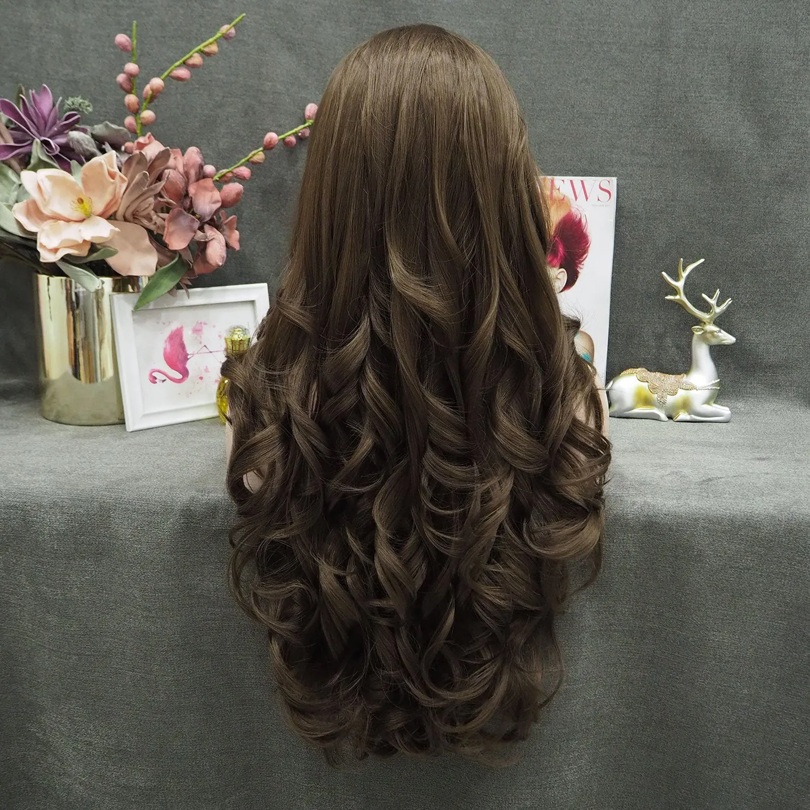 IMSTYLE Bella - Natural Brown Long Wavy Synthetic Lace Front Daily Wig