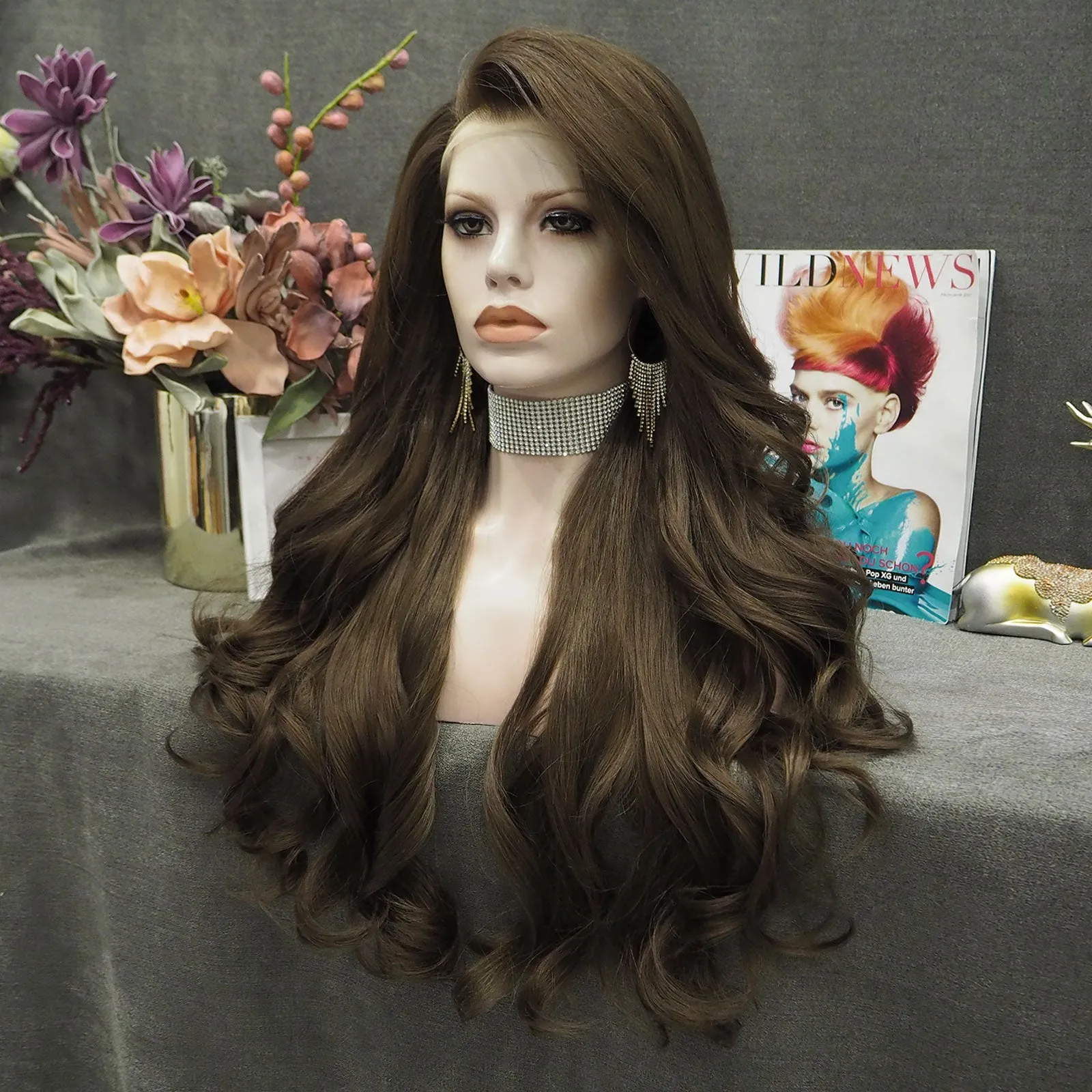 IMSTYLE Bella - Natural Brown Long Wavy Synthetic Lace Front Daily Wig