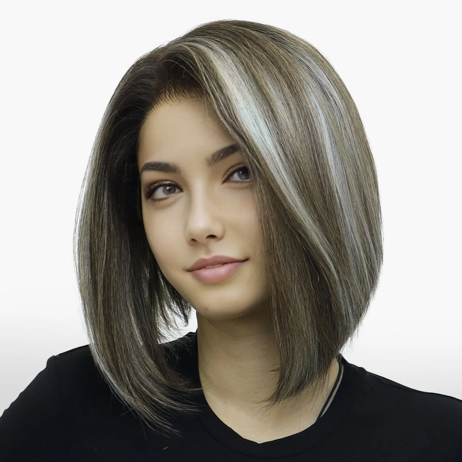 IMstyle Faith PRE-CUT-LACE shoulder length dark brown with white highlight short hairstyle 9*6 lace front Petite glueless wig K336-TTF4-606-C9X6