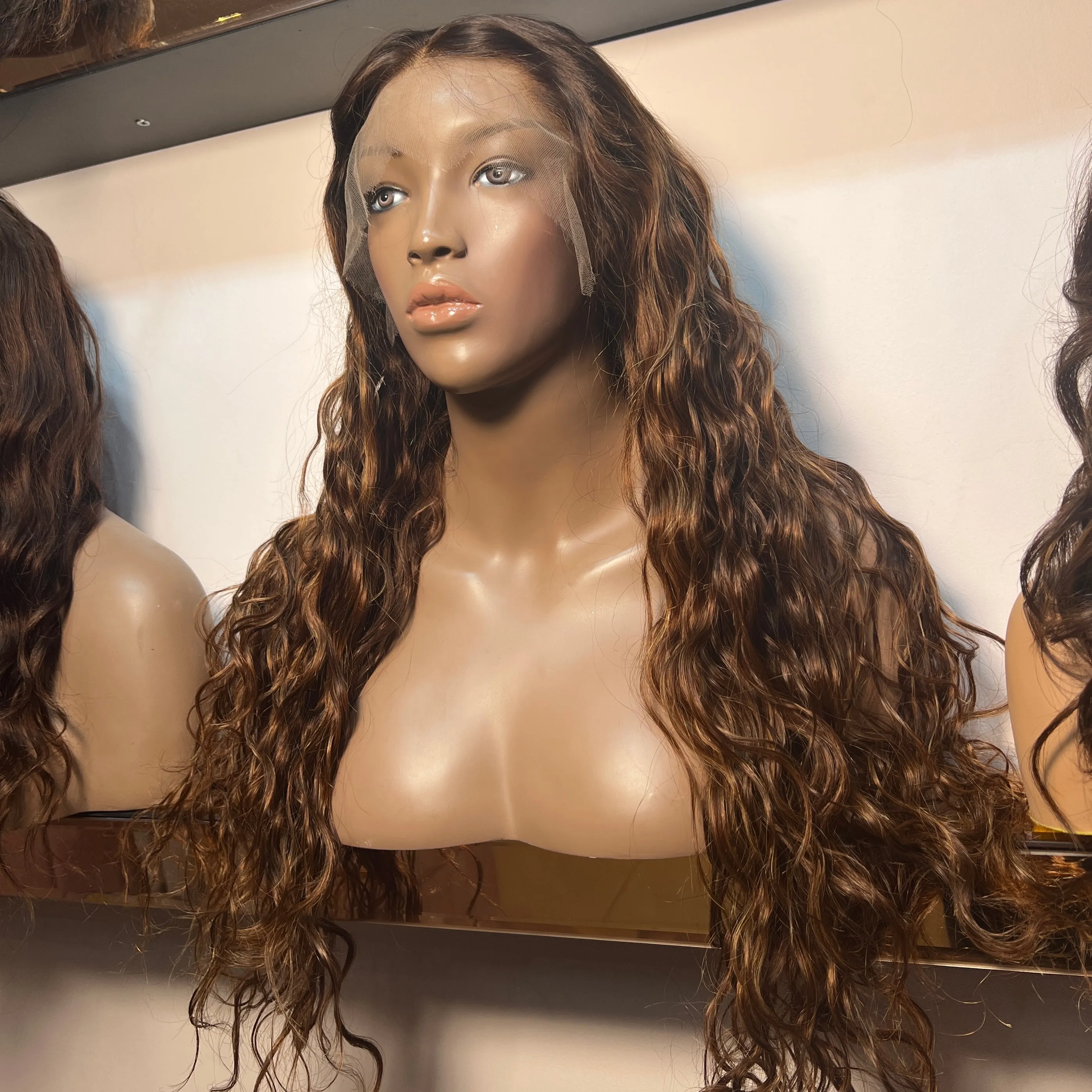 Luxury Blonde Highlights on Brown Hair - Human Hair Natural Wave HD Lace Front Wig No. 63