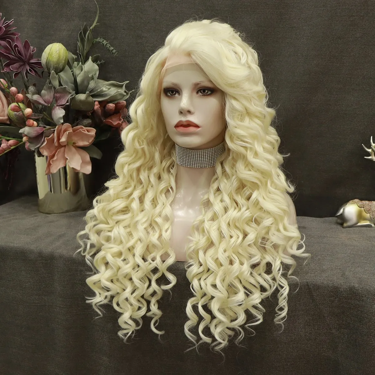 Platinum Blonde Kinky Curly Lace Front Synthetic Wigs AM181001613