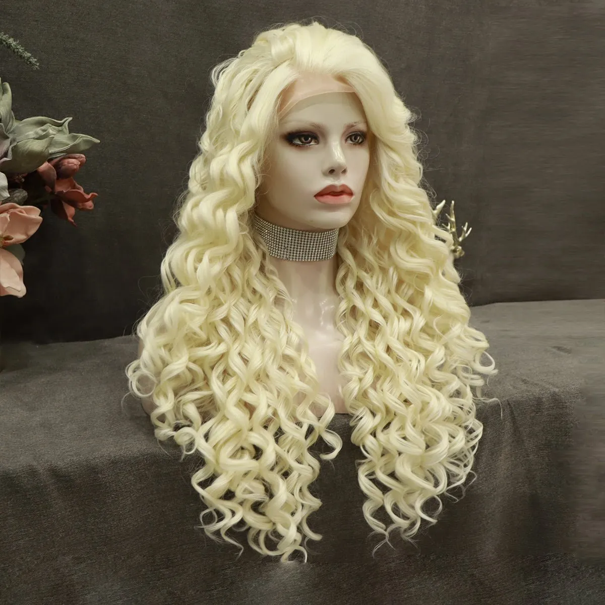 Platinum Blonde Kinky Curly Lace Front Synthetic Wigs AM181001613