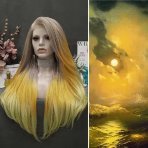 Rita - Light Red to Blonde Green Ombre with Tinsel Long Straight Synthetic Lace Front Wig