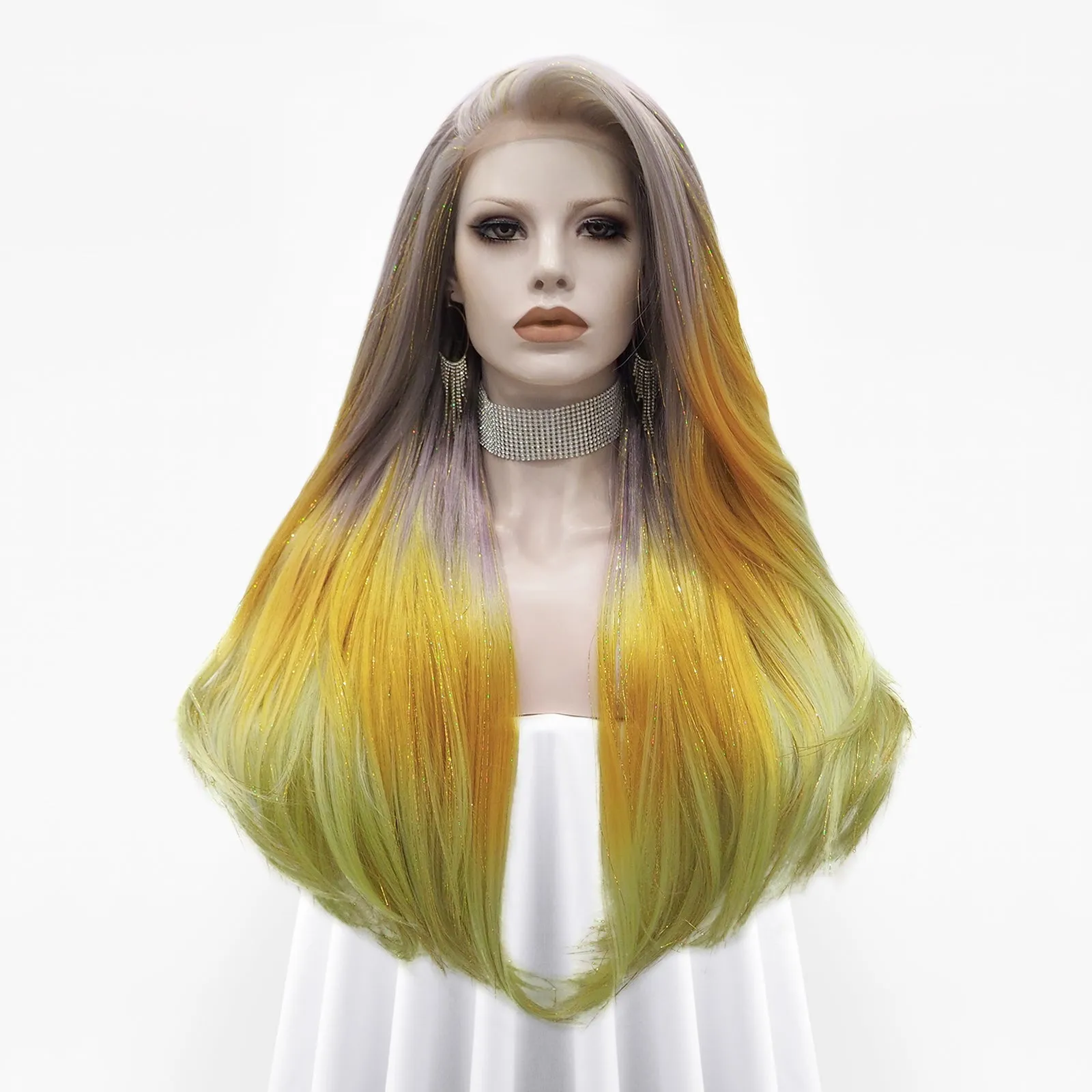 Rita - Light Red to Blonde Green Ombre with Tinsel Long Straight Synthetic Lace Front Wig