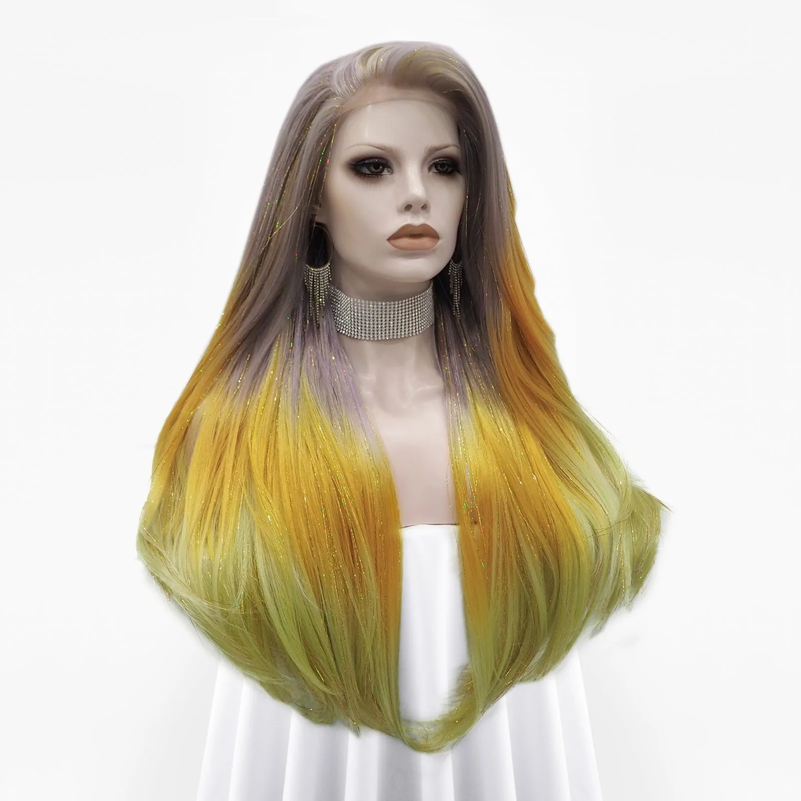 Rita - Light Red to Blonde Green Ombre with Tinsel Long Straight Synthetic Lace Front Wig