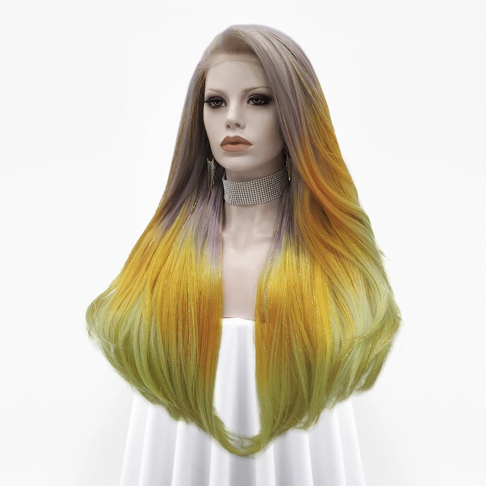 Rita - Light Red to Blonde Green Ombre with Tinsel Long Straight Synthetic Lace Front Wig
